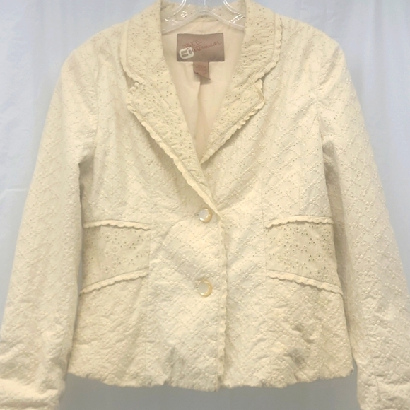 Eyelet Lace Blazer Jacket Lined Cream Ivory 100% Cotton Button - Picture 1 of 9